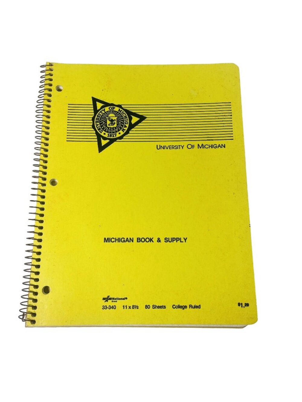 University Of Michigan College Ruled Spiral Yellow Vintage Paper Notebook
